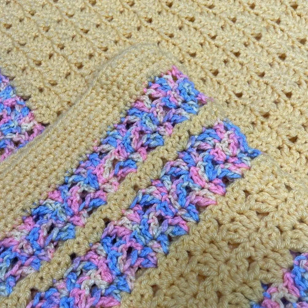 Vtg Handcrafted Crochet Throw Blanket Yellow Multi Stripe 66x30 Baby Lap Granny